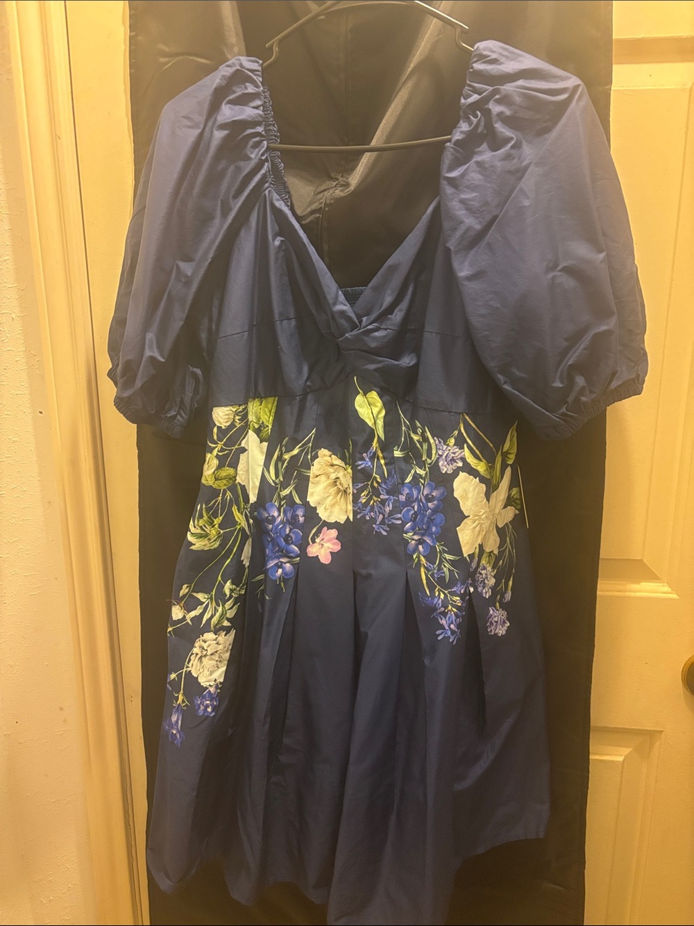 Express Navy Blue Floral Puff-Sleeve Mini Dress